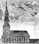 Kyrkan omkring 1736.