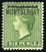 Stamp of Antigua overprinted for Montserrat in 1876. 1863Montserrat6p.jpg