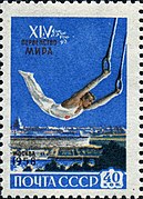 Спортсмен, выполняющий упражнения на кольцах на фоне панорамы стадиона «Лужники».