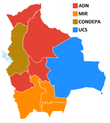 Election result by department:
Departments where Banzer won
Departments where Paz Zamora won
Departments where Loza won
Departments where Kuljis won 1997 Bolivian elections map.png