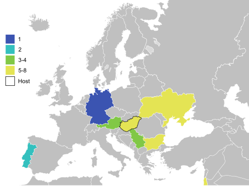 2014 UEFA European Under-19 Championship teams and final classification 2014 UEFA U-19 European Championship map.svg