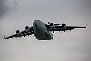 A Boeing C-17 Globemaster III, tail number 95-0103, taking off from RAF Mildenhall in the United Kingdom. It is assigned to the 62nd Airlift Wing and the 446th Airlift Wing at Joint Base Lewis McChord in Washington, USA.