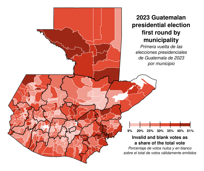 File:2023 Guatemalan presidential election first round invalid and blank votes map by municipality.svg