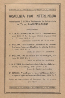 Encart explicatif de l'Academia pro Interlingua dans une brochure de 1921.