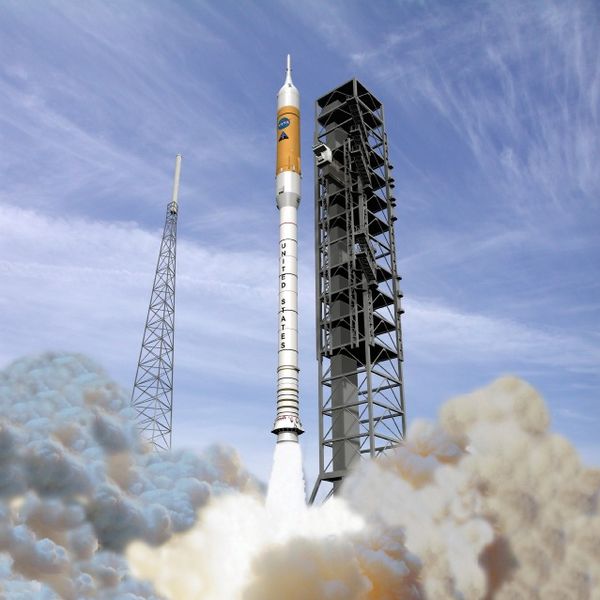 A concept image of an Ares I launching from Kennedy Space Center launchpad 39B.