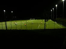 Association football field at a sports center illuminated with floodlights. Alan higgs centre floodlights 17o07.JPG