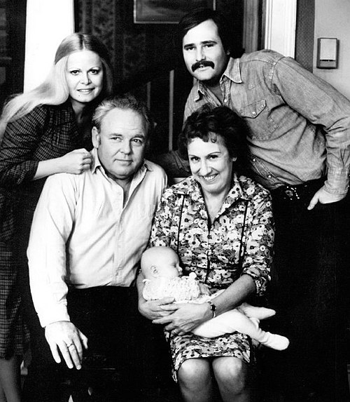 The Bunkers and the Stivics: standing, Gloria (Sally Struthers) and Michael (Rob Reiner). Seated, Archie (Carroll O'Connor) and Edith (Jean Stapleton)
