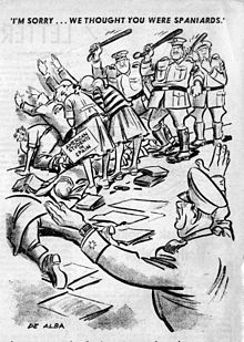 Caricature of De Alba appearing in The Washington Daily News. Police officer addresses a group of American students in Spain who have been beaten up by guards: "I'm sorry. We thought you were Spaniards." American students in Spain.jpg