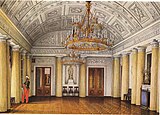 K. A. Ukhtomsky.  Grande (Arapskaya) sala de jantar no Palácio de Inverno.  década de 1860  Aquarela.  Museu Hermitage do Estado, São Petersburgo