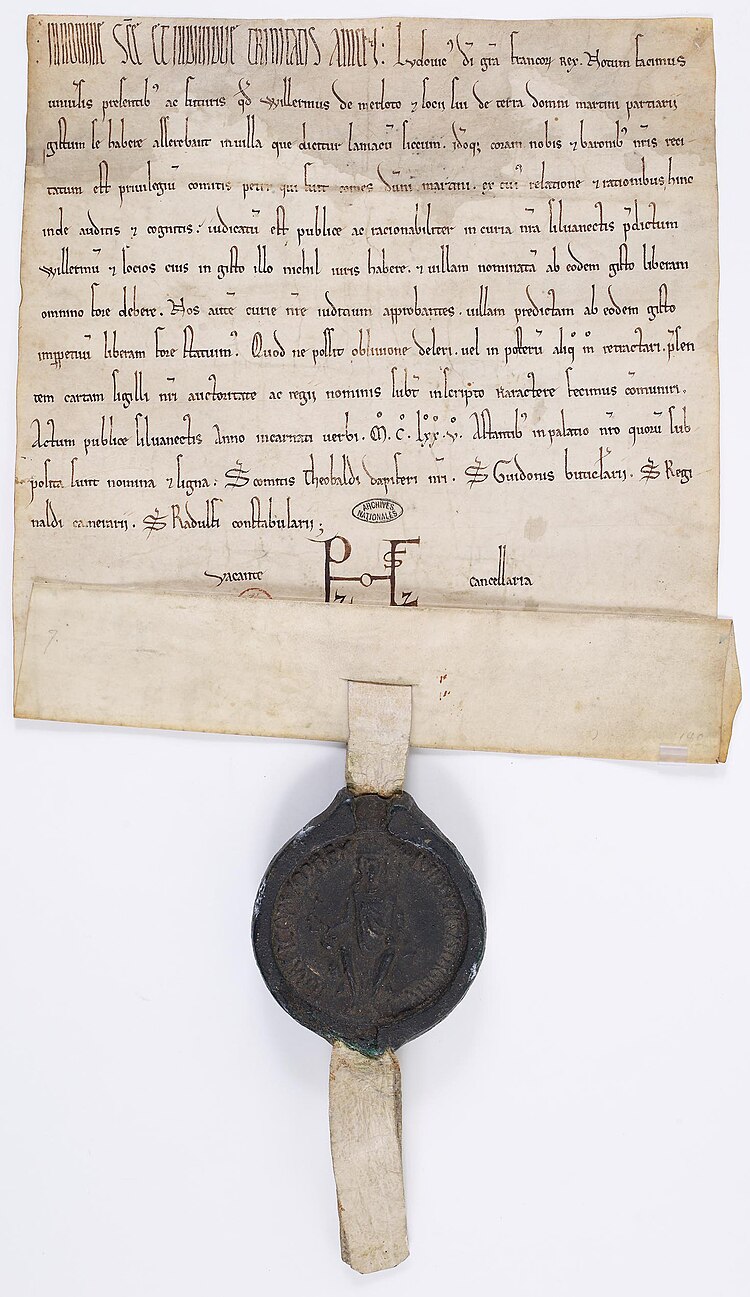 Arrêt de la cour du roi Louis VII qui exempte le village de Lagny-le-Sec du droit de gîte, que Guillaume de Mello et les possesseurs de la terre de Dammartin prétendaient y exercer, 1175
