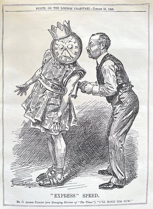 Punch cartoon, January 15, 1908, making fun of Daily Express founder Arthur Pearson's appointment as manager of The Times