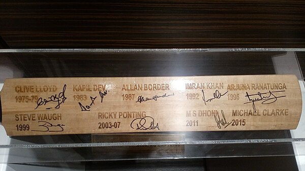 Autographed bat of the World Cup winning captains till 2015 at the Blades of Glory Museum, Pune, India