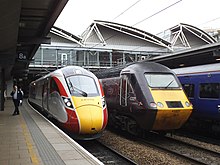 Class 800 of LNER (left) next to a InterCity 125 of CrossCountry (right) at Leeds. Azuma and HST at Leeds station (geograph 6187255).jpg