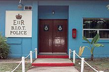 Vue des bureaux de la police du territoire britannique de l'océan Indien sur Diego Garcia.