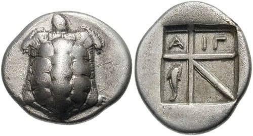 Greek drachma of Aegina. Obverse: Land Chelone / Reverse: ΑΙΓ(INA) and dolphin. The oldest Aegina chelone coins depicted sea turtles and were minted c