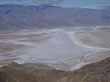 Badwater Basin: the lowest point in North America at -279 feet (-85 m). Badwater Basin from Dantes View-800px.JPG