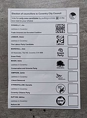Ballot from a 2021 local election in the United Kingdom, using first-past-the-post. Voters choose one candidate.