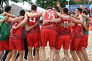 Deutsch: Beachhandball Europameisterschaften 2019 (Beach handball Euro); Tag 6: 7. Juli 2019 – Spiel um Platz Drei, Männer, Ungarn-Russland 2:0 (26:20, 23:22) English: Beach handball Euro; Day 6: 7 July 2019 – Men's Bronze Medal Match – Hungary-Russia 2:0 (26:20, 23:22)