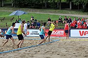 Deutsch: Beachhandball Europameisterschaften 2019 (Beach handball Euro); Tag 1: 2. Juli 2019 – Männer, Vorrunde Gruppe A, Deutschland-Norwegen 2:0 (22:14, 22:20) English: Beach handball Euro; Day 1: 2 July 2019 – Men Preliminary Round Group A – Germany-Norway 2:0 (22:14, 22:20)