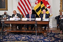 Franchot (right) on the Board of Public Works with State Treasurer Dereck E. Davis (left) and Governor Larry Hogan (center), 2022 Board of Public Works - 52066843559.jpg