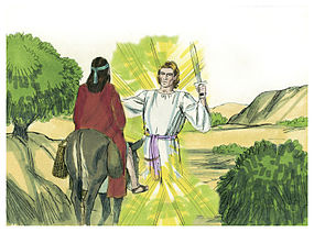 Balaam and the Angel (1984 illustration by Jim Padgett, courtesy of Sweet Publishing) Book of Numbers Chapter 22-1 (Bible Illustrations by Sweet Media).jpg