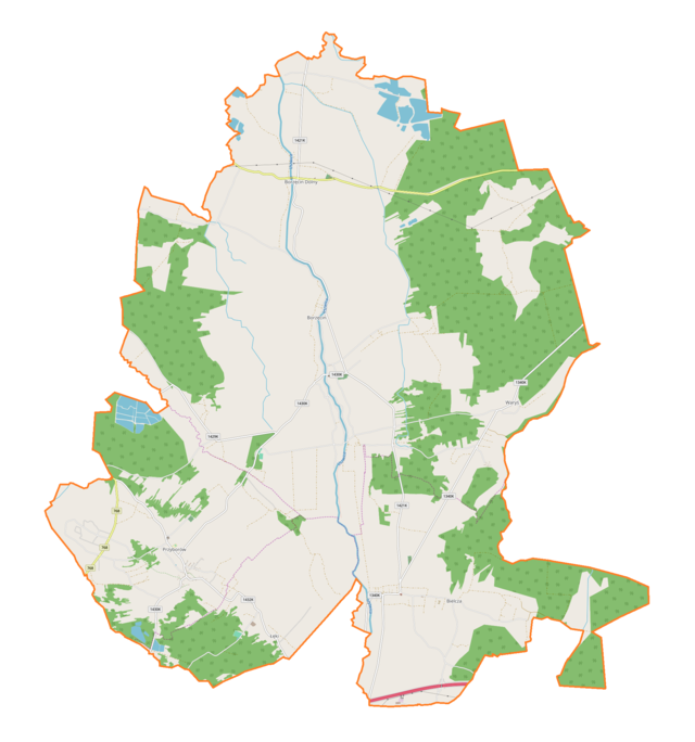 Mapa konturowa gminy Borzęcin, w centrum znajduje się punkt z opisem „Kościół Narodzenia Najświętszej Maryi Panny”