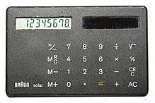 Credit-card-sized, solar-powered calculator by Braun (1987) Braun 4856 solar card calculator, 2.jpg