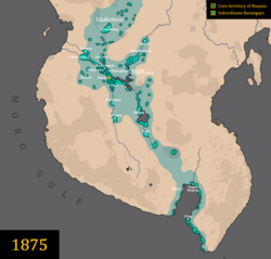 Mapa sa 1875 ng teritoryo ng Sultanato ng Buayan sa pamahalaan ni Datu Utto.