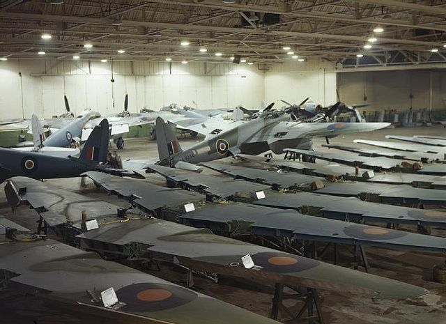 Building Mosquito aircraft at the de Havilland factory in Hatfield, 1943