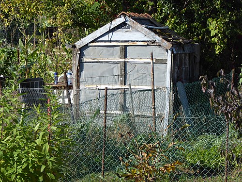 Garden hut in an allotment in Tomblaine (France).