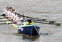 Cambridge at their stakeboat, just before the start of the 2009 race Cambridge VIII at Stakeboat - 2009 Boat Race.jpg
