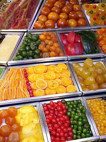 Candied fruit displayed at La Boqueria in Barcelona