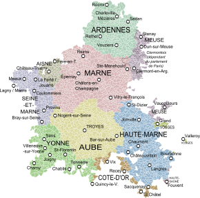 Η Καμπανία με τα εδαφικά όρια της του 18ου αιώνα, με τις σημερινές κοινότητες και νομούς.