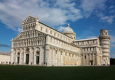 Pisa Cathedral, Italy, has a free-standing campanile and presents a harmony of polychrome and arcades.