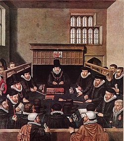 William Cecil presiding over the Court of Wards: the supposed Seckford figure is seated mid-left. Cecil Court of Wards.jpg