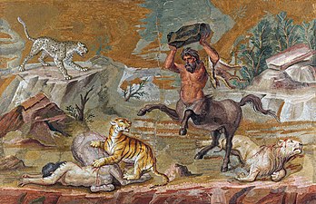 La mosaïque du centaure de la Villa d'Hadrien (Ier siècle av. J.-C., Altes Museum, Berlin). (définition réelle 27 974 × 18 078)