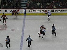 A fight between Eric Godard of the Calgary Flames and Matt Greene of the Edmonton Oilers during a game in 2008 Cgy Edm fight.JPG