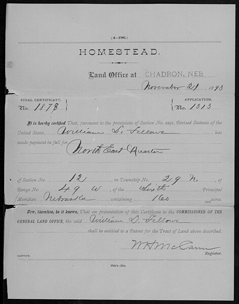 File:Chadron Land Office (Nebraska), Homestead Final Certificate No. 1878 - William L Fellows, November 21, 1893 - DPLA - d611ff4663fe9cc524618ffbf4ace173 (page 2).jpg