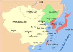 Bản đồ Mãn Châu quốc (xanh) cùng với vùng chịu ảnh hưởng của Đế quốc Nhật Bản