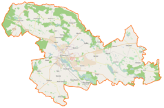 Mapa konturowa gminy Choszczno, blisko centrum na lewo znajduje się punkt z opisem „Choszczno”