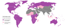 Land med en kristen befolkning på 50 % eller mer (lilla) og mellom 10 og 49 % (rosa)