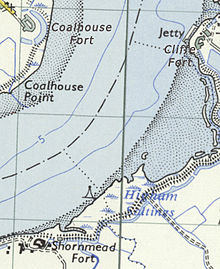 Map of the area of the Thames between Cliffe, Coalhouse and Shornemead Forts, showing the triangle between the three