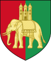 Coat of arms of the City of w:Coventry, Warwickshire: Per pale gules and vert, an elephant on his back a tower triple-towered or