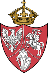 January Uprising's coat of arms, of a proposed Polish-Lithuanian-Ruthenian Commonwealth: White Eagle (Poland), Vytis (Lithuania) and Archangel Michael (Ruthenia) Coat of arms of the January Uprising.svg