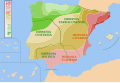 Avance romano en la península ibérica, que finaliza en el 19 a. C. al conquistar a los pueblos cántabros (verde más claro).