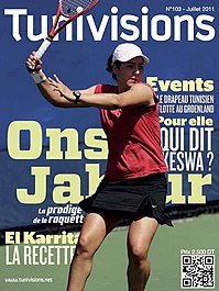 Jabeur photo on the cover of Tunivisions magazine, Issue 103, July 2011, praising her victory in the 2011 French Open for girls Couv-Tunivisions Juillet 2011.jpg