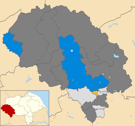 Map of the results of the 2003 Craven District Council election. Independents in light grey, Conservatives in blue and Liberal Democrats in yellow. Wards in dark grey were not contested in 2003. Craven UK local election 2003 map.svg