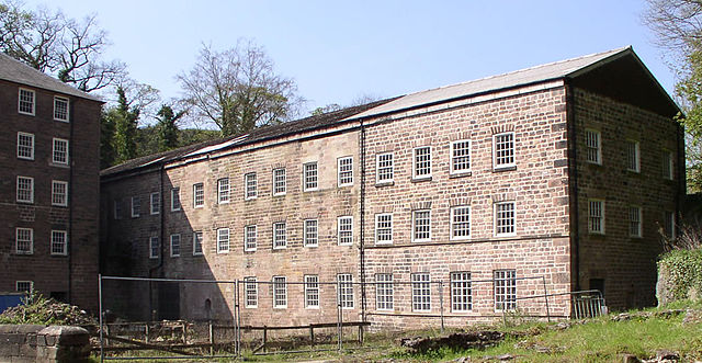 Richard Arkwright's first 1771 Cromford Mill in Derbyshire, with three of its original five storeys remaining
