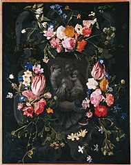 Flower Garland surrounding Madonna with Child with St. Anne in Grisaille