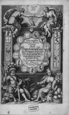 Title page of Merian's Topographia Helvetiae, Rhaetiae et Valesiae (1642, reprinted 1654). De Merian Helvetiae, Rhaetiae et Valesiae 001.png